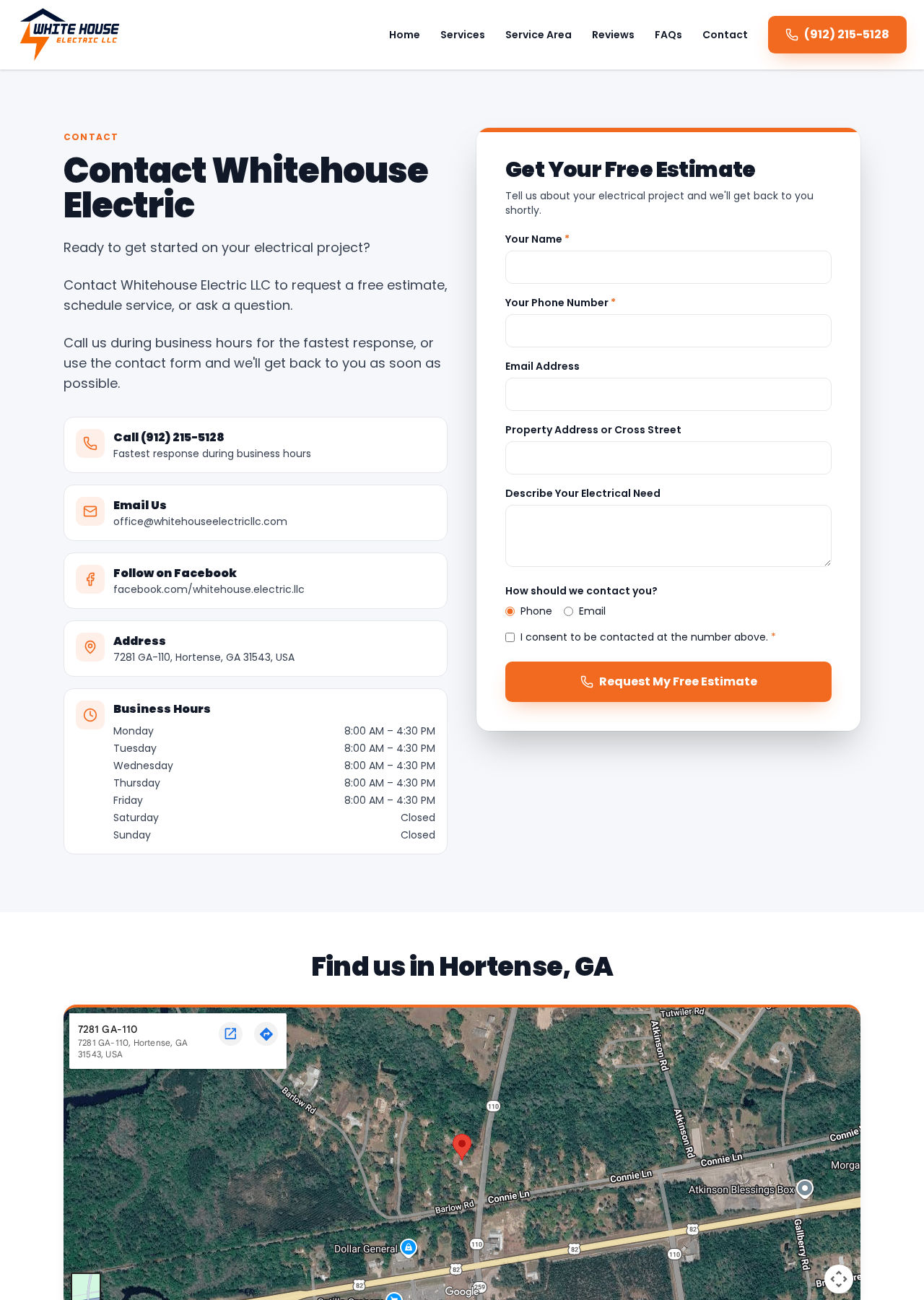 Whitehouse Electric Contact page — after redesign